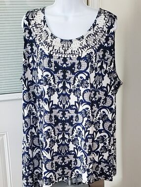 Alfani Navy & White Ornate Sleeveless Tank Top, 3X